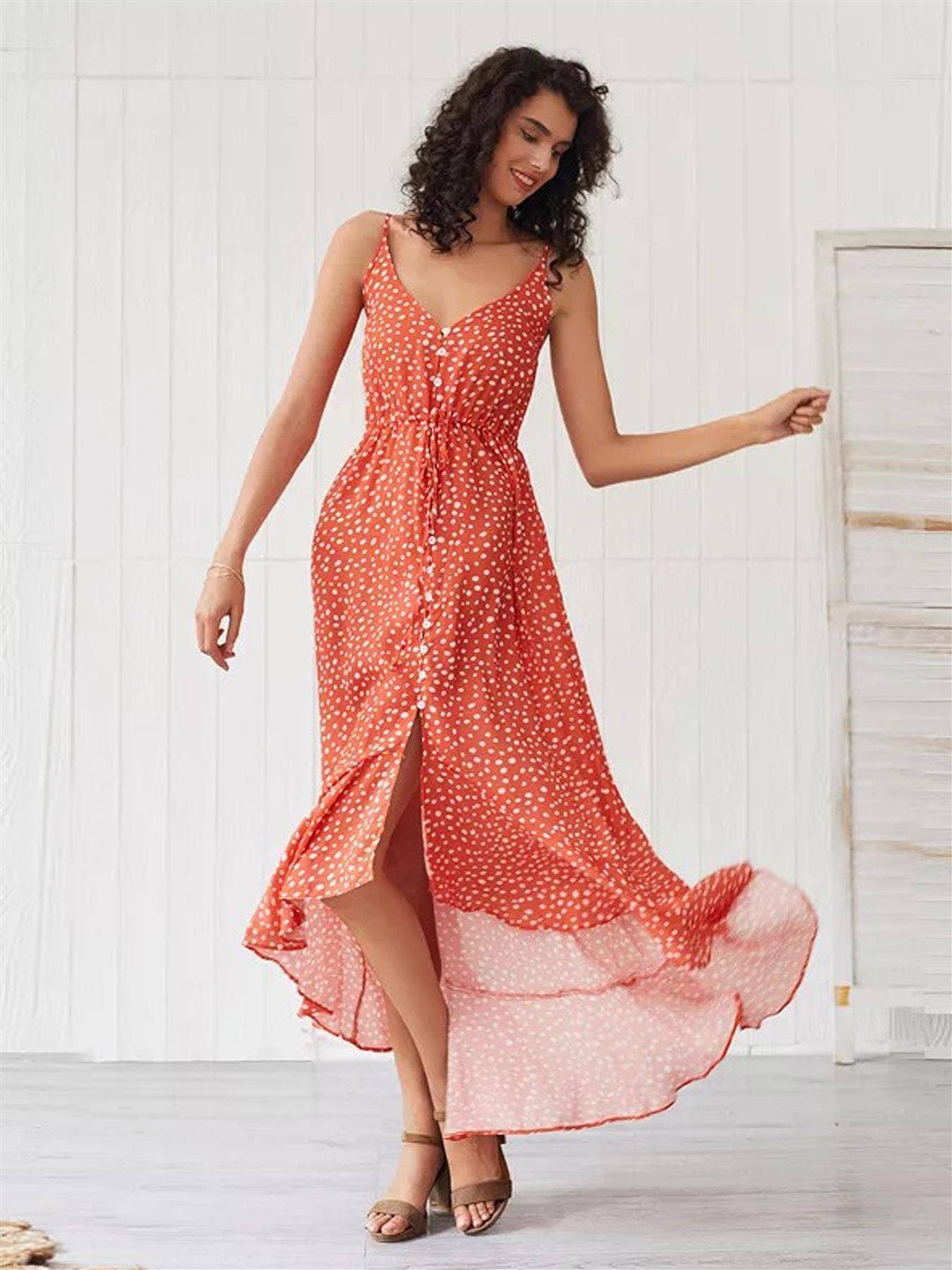Frill Detail Strappy High Low Dress In Orange With Spot Print: 10