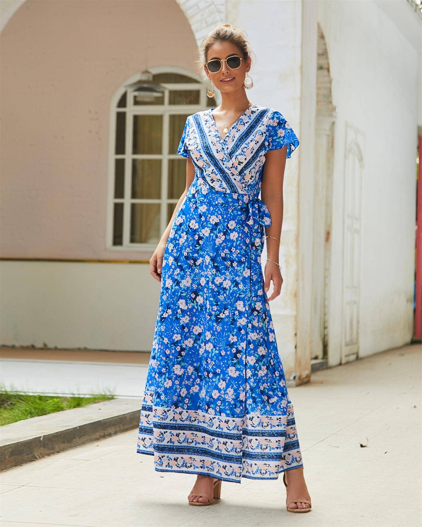 Bohemian Style Wrap Maxi Dress In Blue & Pink Floral Print: 8