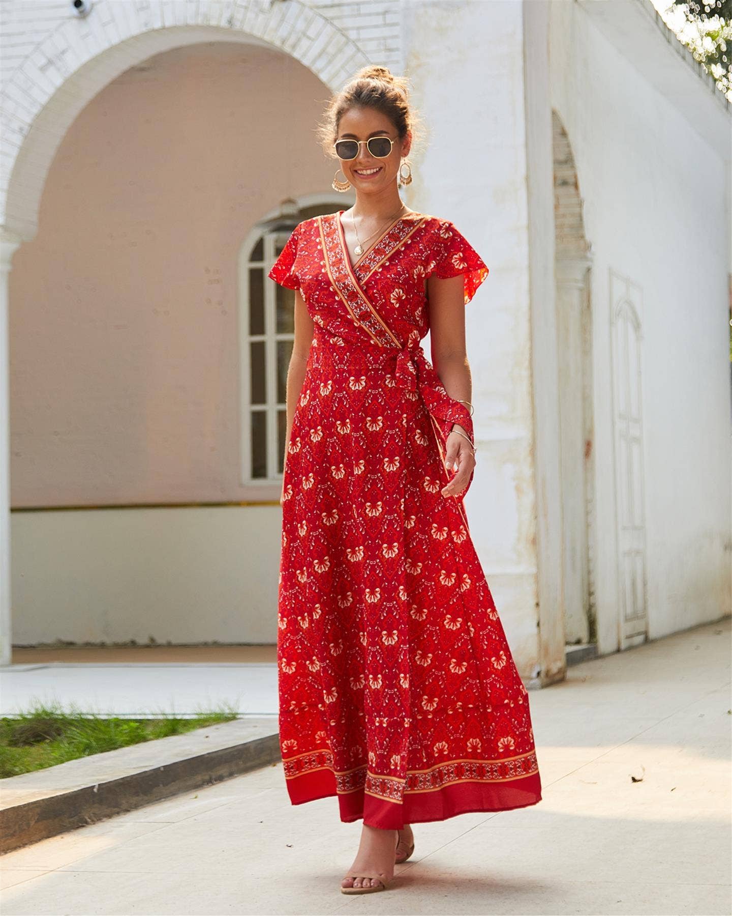 Bohemian Style Wrap Maxi Dress In Red & Gold Floral Print: 8