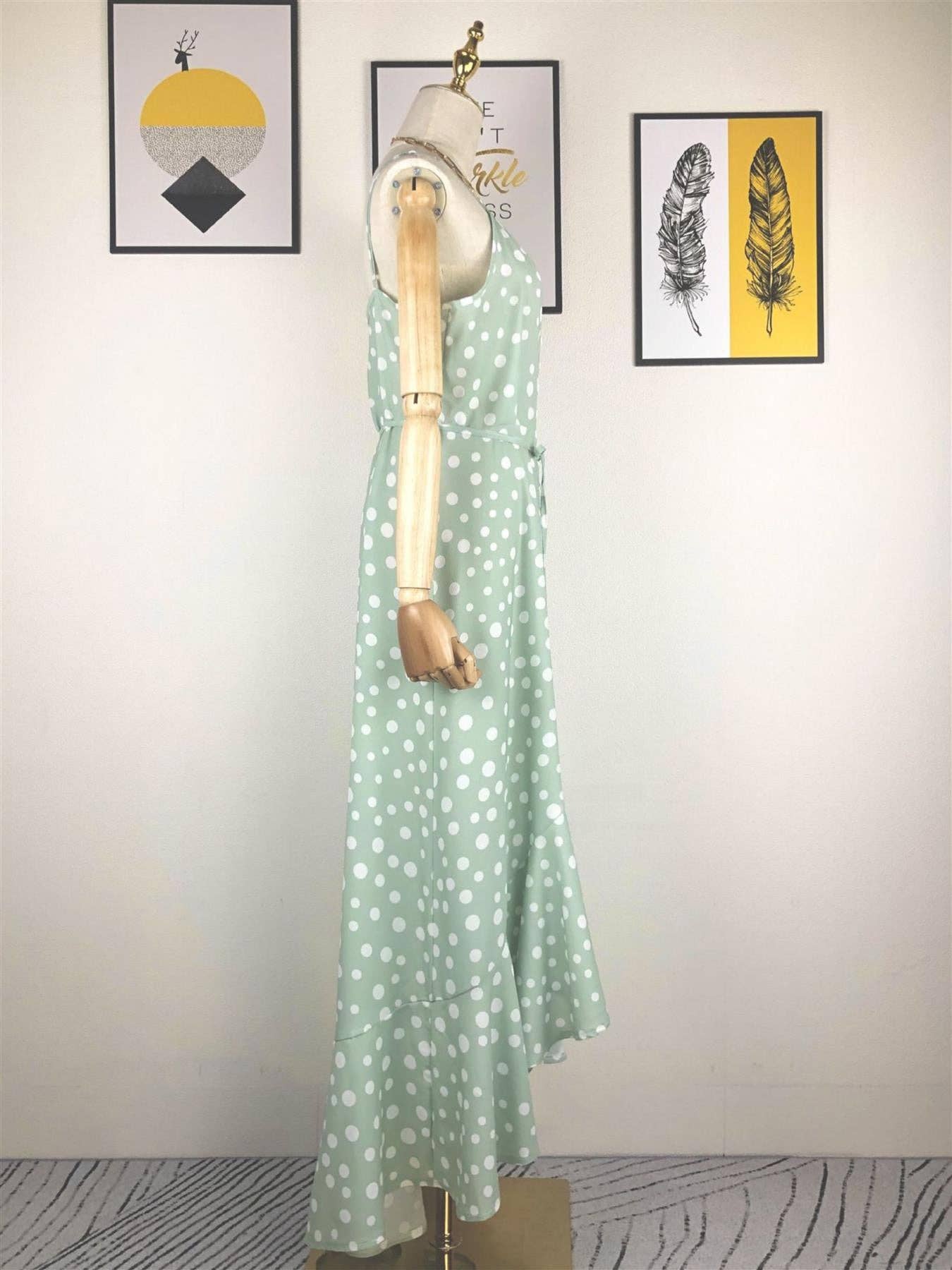 Frill Detail Strappy High Low Dress In Mint With Spot Print: 8