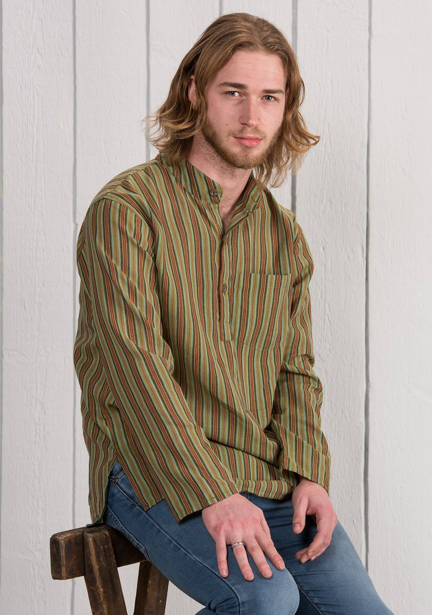 Unisex Lightweight Cotton Stripe Grandad Shirt: M