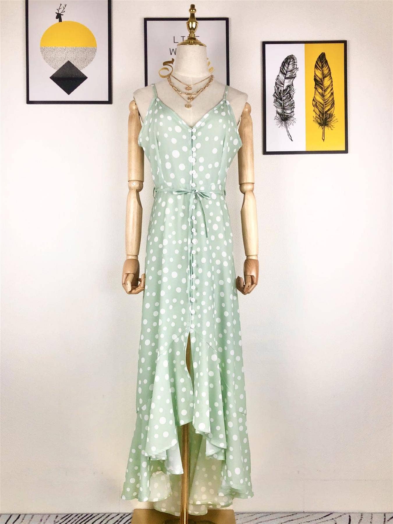 Frill Detail Strappy High Low Dress In Mint With Spot Print: 8