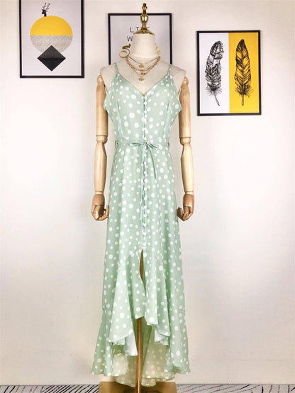 Frill Detail Strappy High Low Dress In Mint With Spot Print: 8