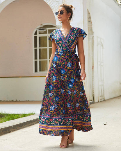 Bohemian Style Wrap Maxi Dress In Navy & Yellow & Green Floral Print: 8