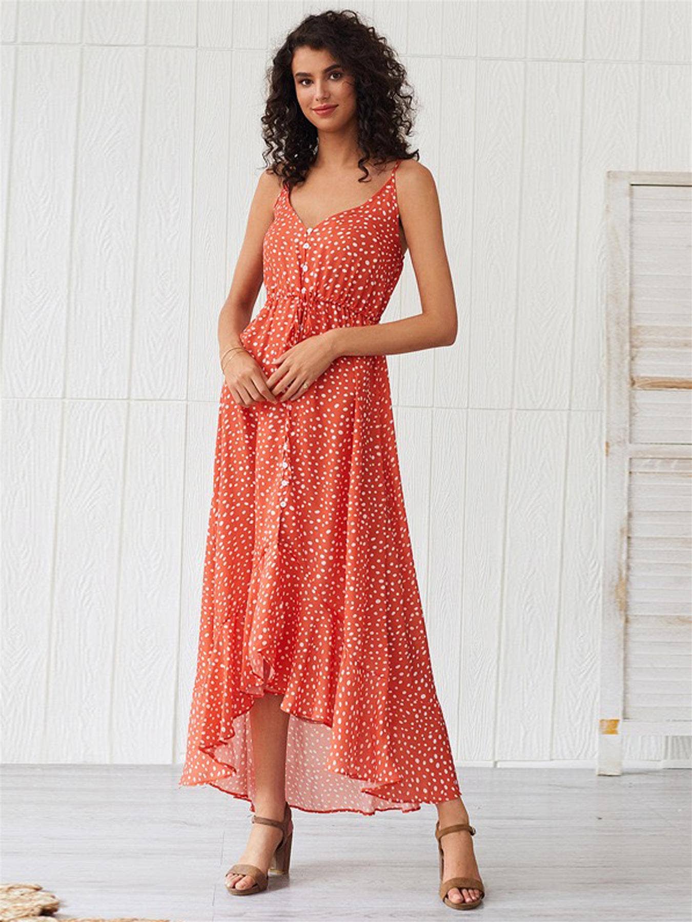 Frill Detail Strappy High Low Dress In Orange With Spot Print: 10