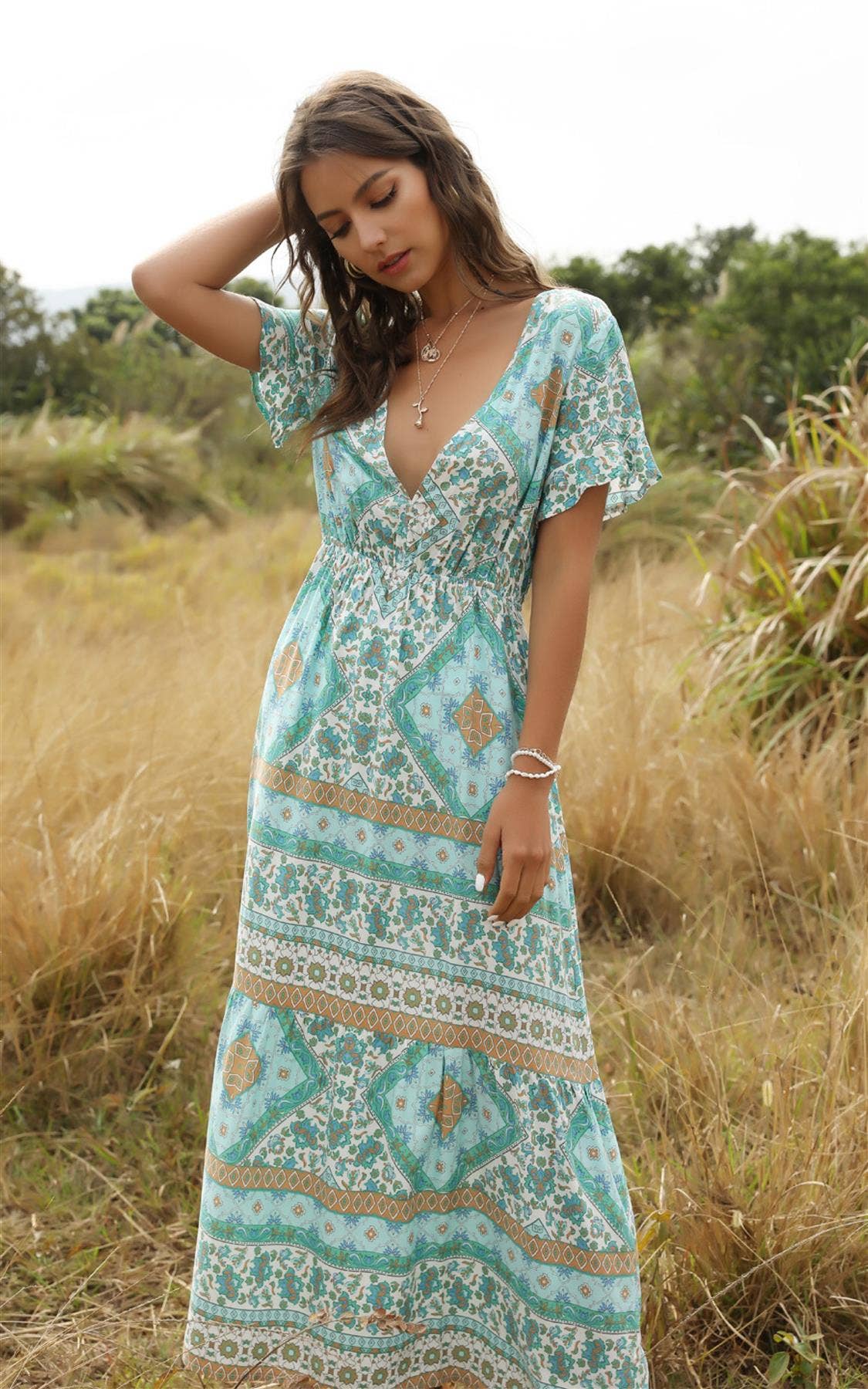 Ruffle Sleeve Mint Green Floral Print Midi Dress: 6-8