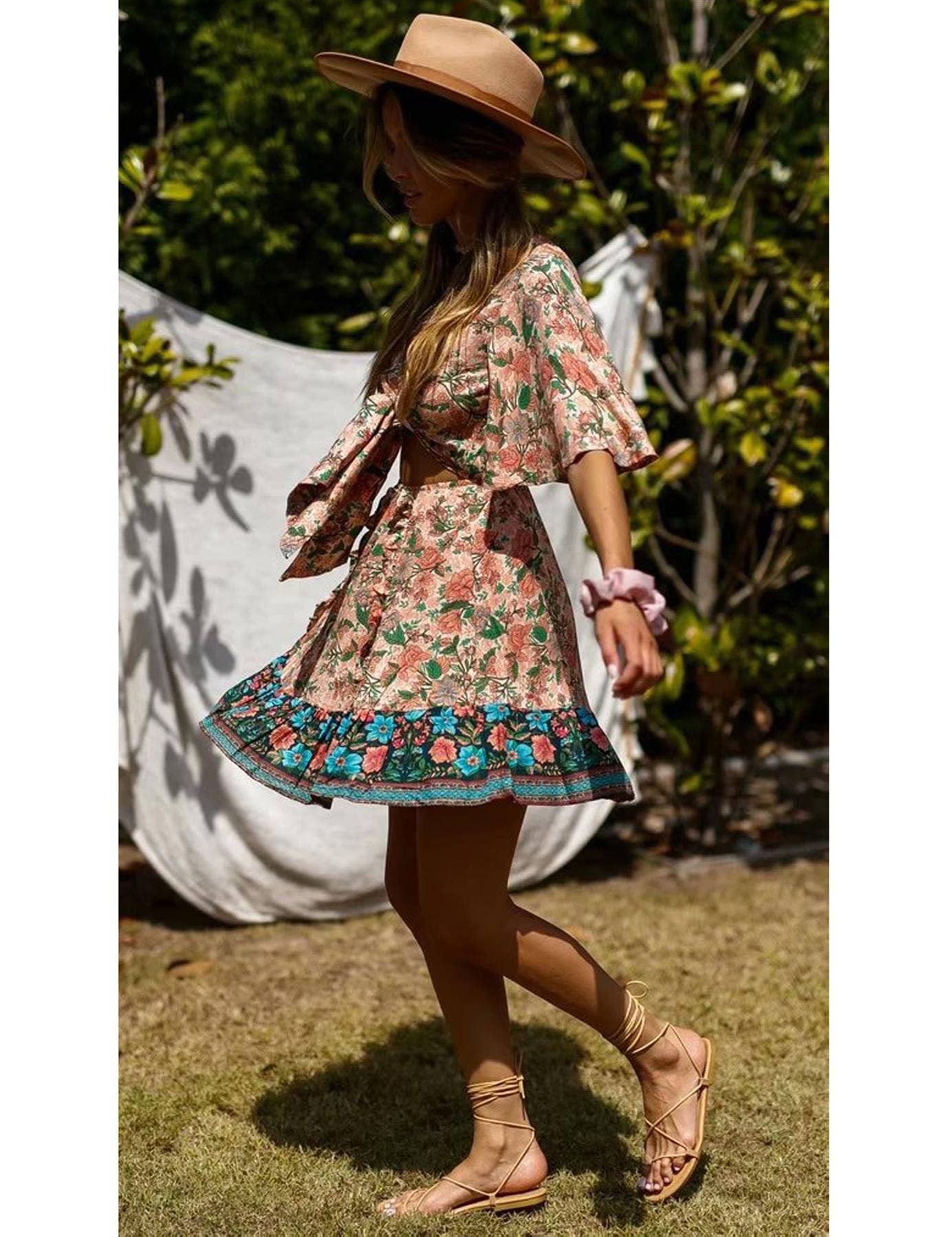 Summer Mini Dress In Peach & Green Floral: 8