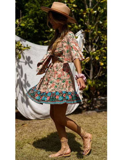Summer Mini Dress In Peach & Green Floral: 8