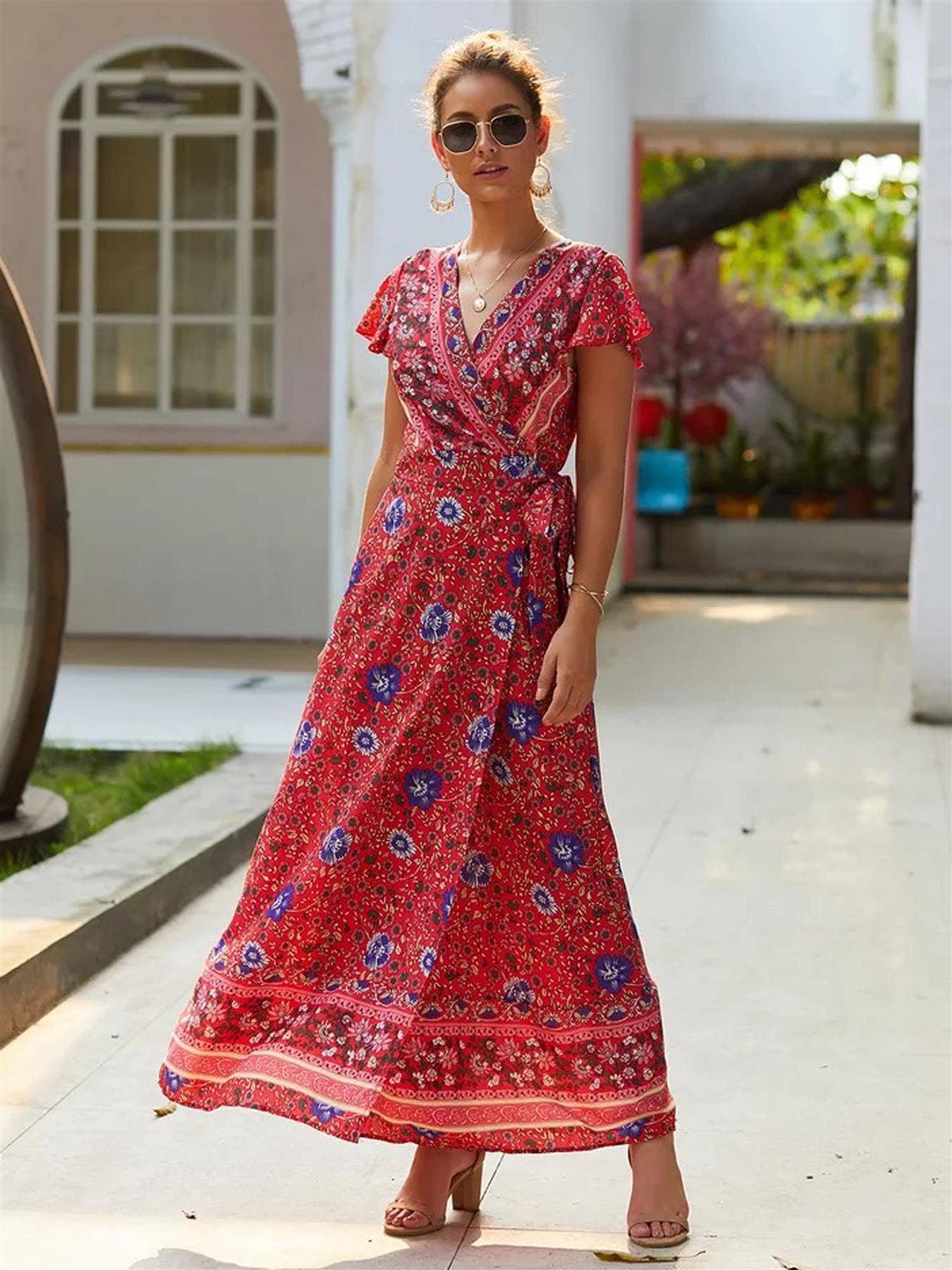 Bohemian Style Wrap Maxi Dress In Red With Blue Floral Print: 8