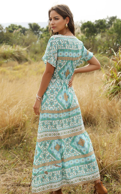 Ruffle Sleeve Mint Green Floral Print Midi Dress: 6-8