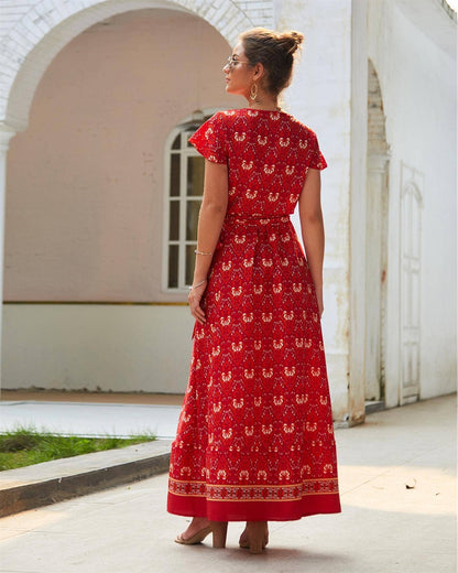 Bohemian Style Wrap Maxi Dress In Red & Gold Floral Print: 8