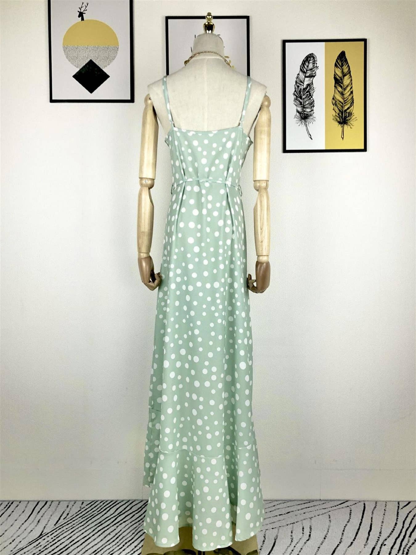Frill Detail Strappy High Low Dress In Mint With Spot Print: 8