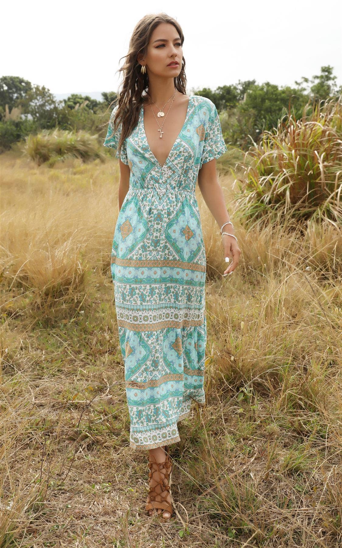 Ruffle Sleeve Mint Green Floral Print Midi Dress: 6-8