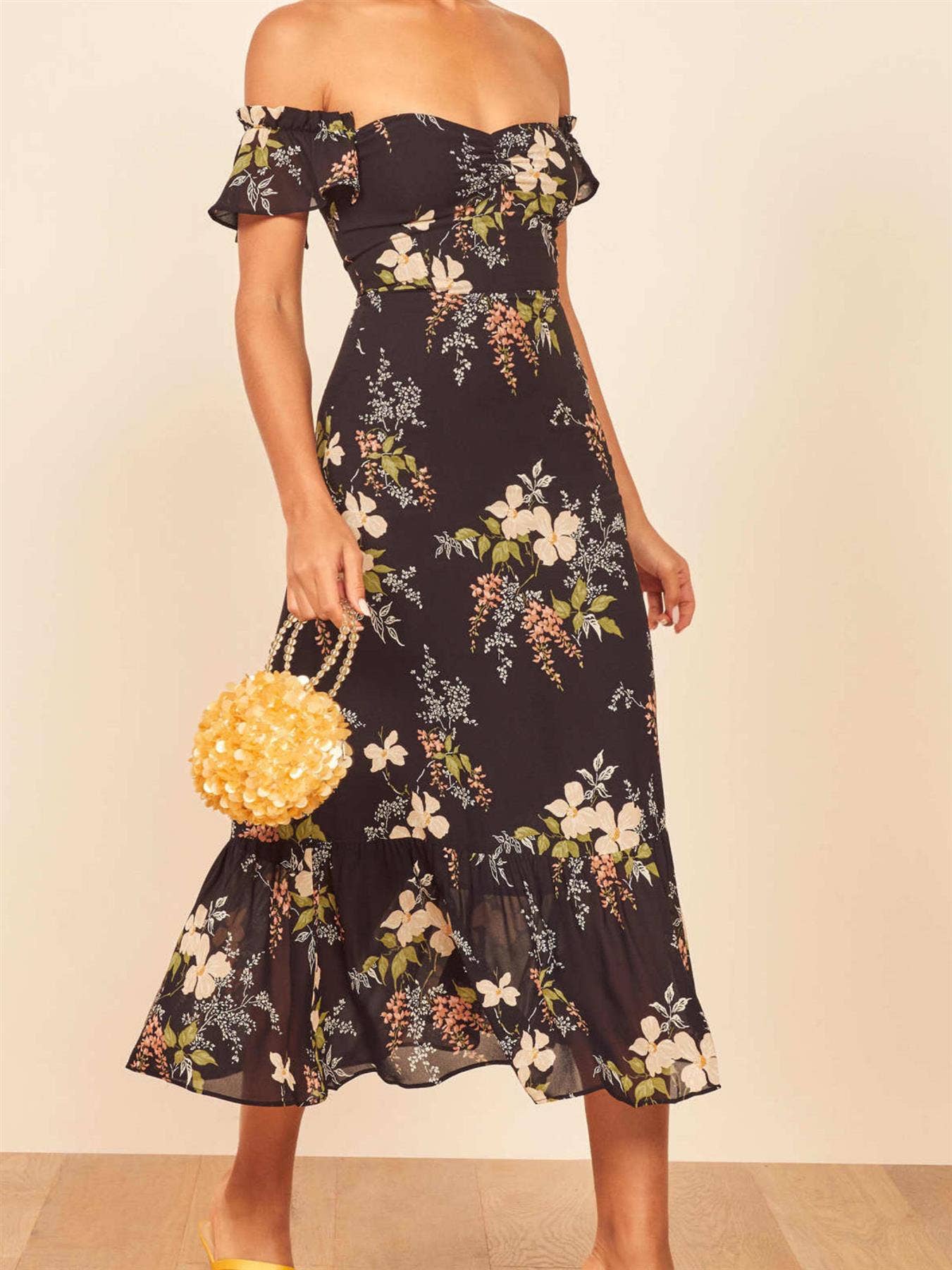 Off Shoulder Frill Midi Dress In Black Floral: 10