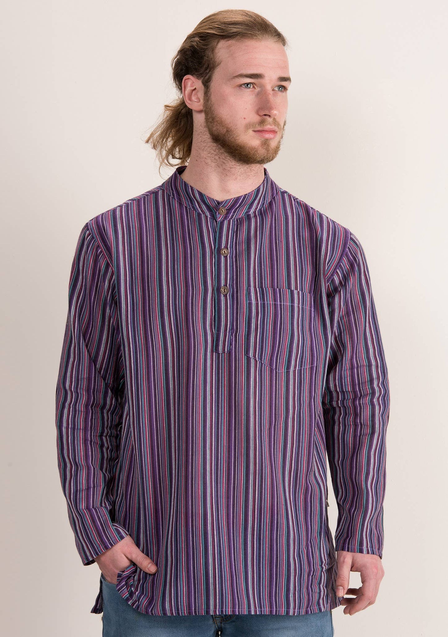 Unisex Lightweight Cotton Stripe Grandad Shirt: M
