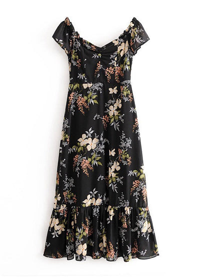 Off Shoulder Frill Midi Dress In Black Floral: 8