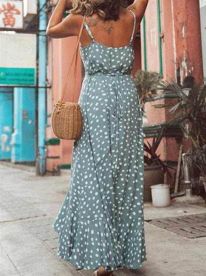 Frill Detail Strappy High Low Dress In Dark Egg Blue With Spot Print: 8