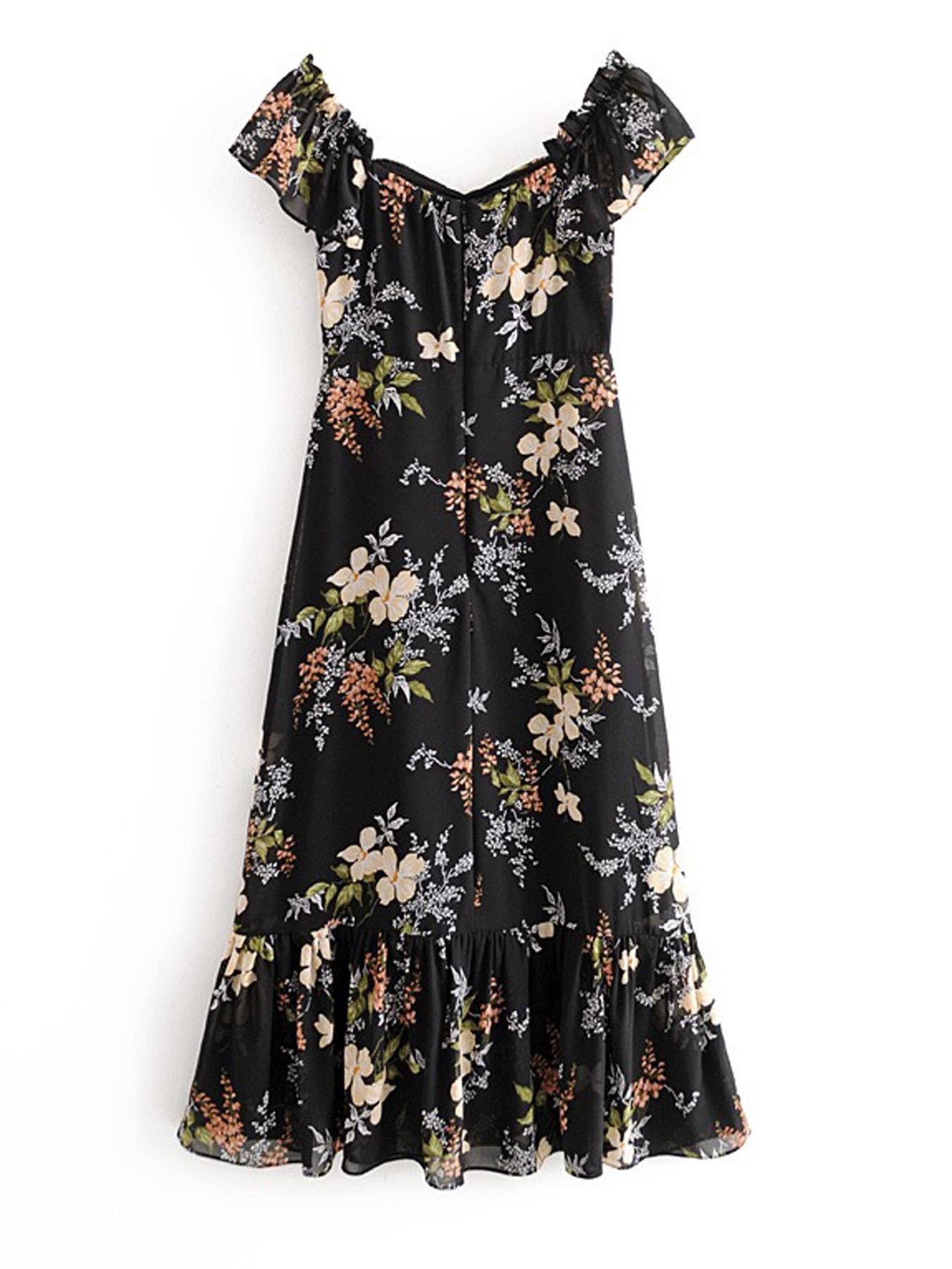 Off Shoulder Frill Midi Dress In Black Floral: 8