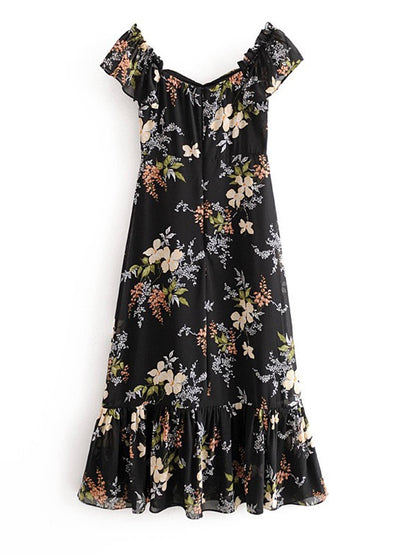 Off Shoulder Frill Midi Dress In Black Floral: 10