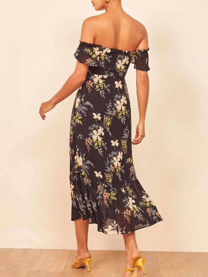 Off Shoulder Frill Midi Dress In Black Floral: 8