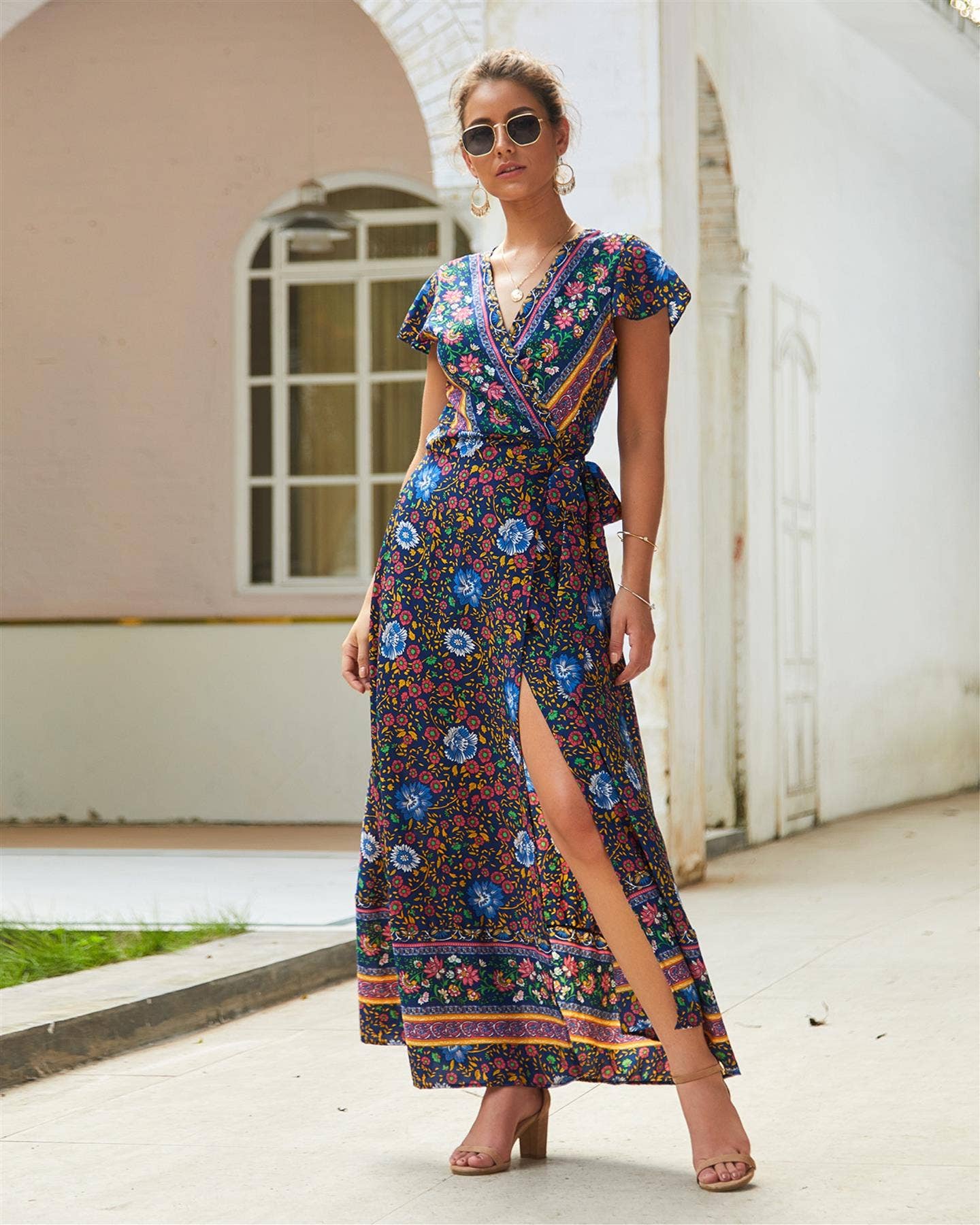 Bohemian Style Wrap Maxi Dress In Navy & Yellow & Green Floral Print: 8