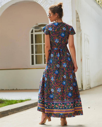 Bohemian Style Wrap Maxi Dress In Navy & Yellow & Green Floral Print: 8