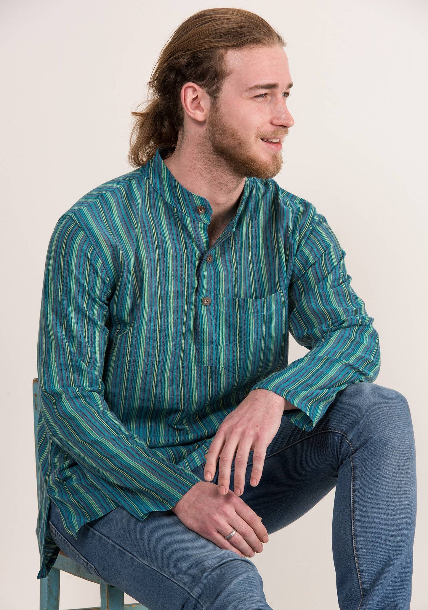 Unisex Lightweight Cotton Stripe Grandad Shirt: M