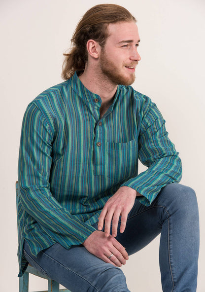 Unisex Lightweight Cotton Stripe Grandad Shirt: XL