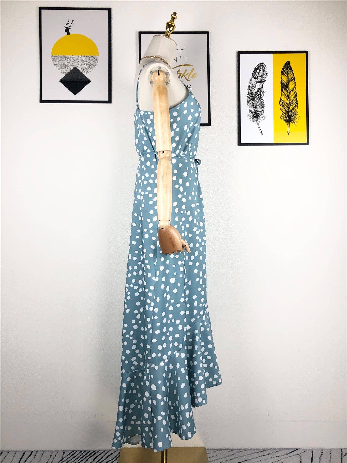 Frill Detail Strappy High Low Dress In Dark Egg Blue With Spot Print: 8