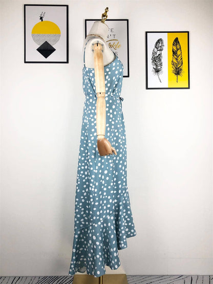 Frill Detail Strappy High Low Dress In Dark Egg Blue With Spot Print: 8